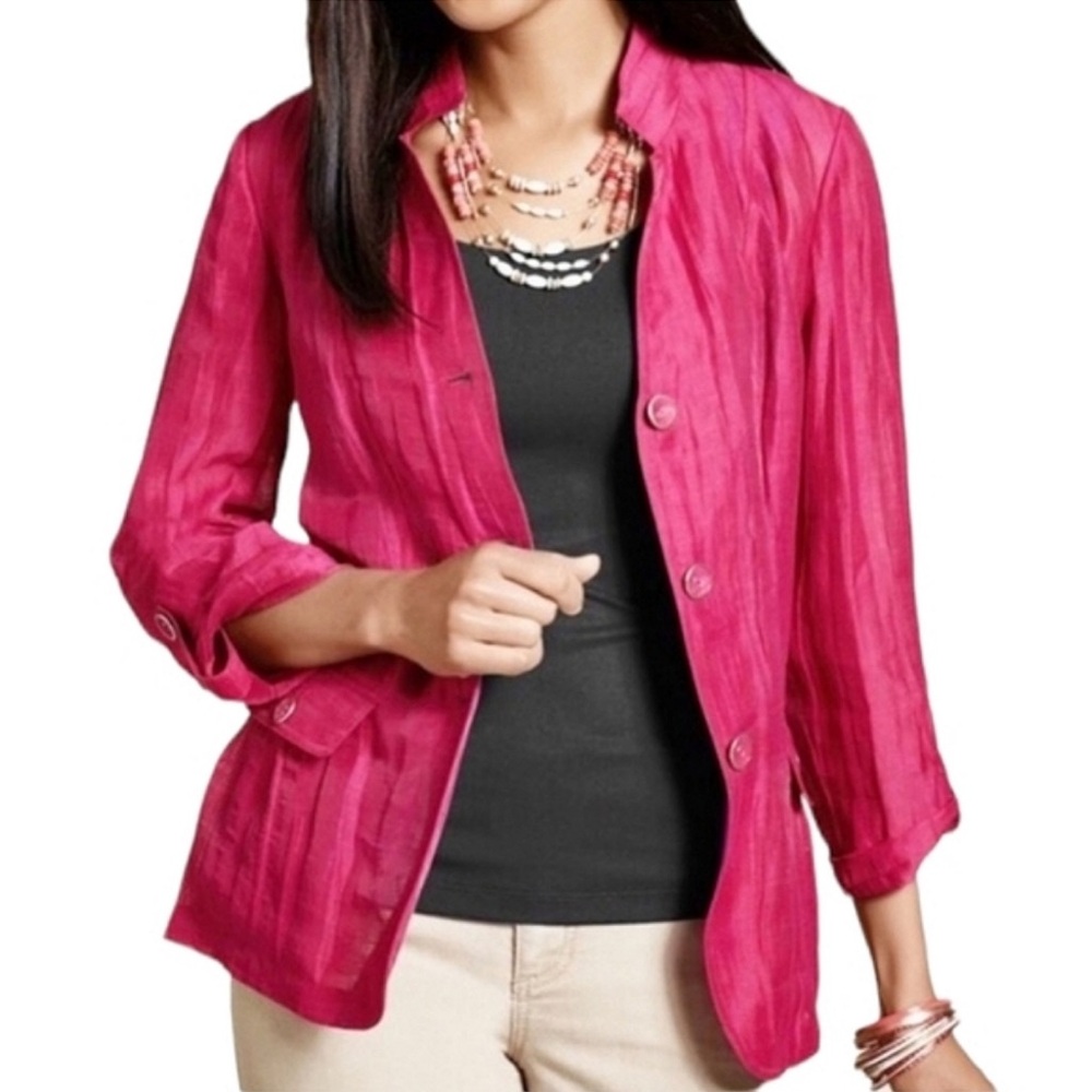 Chico’s Linen Blend Fuchsia Pink 3/4 Sleeve Button Down Front Lightweight Jacket